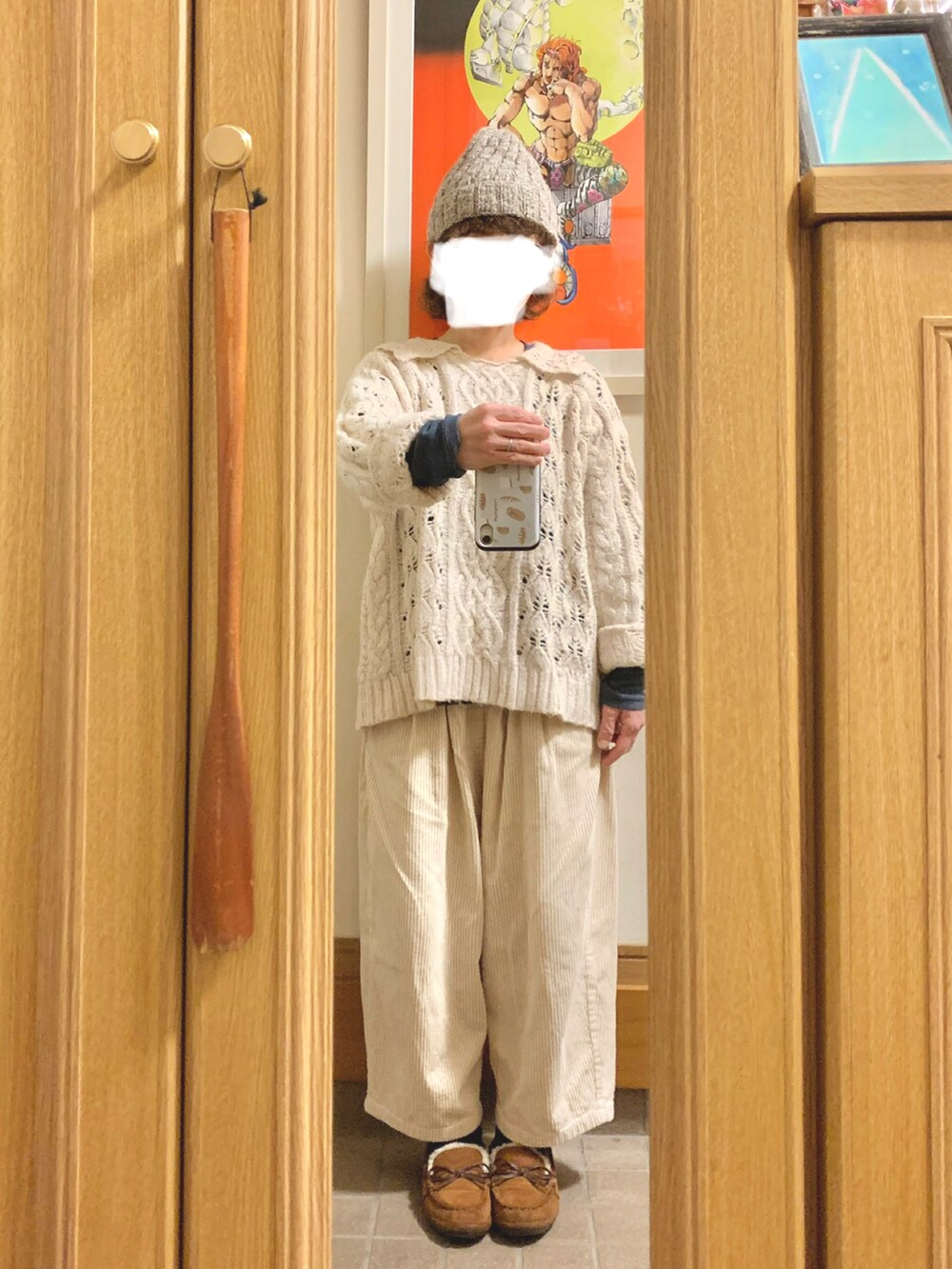 「昨日のコーデ、昨日の服、ニット、モッズコート、コーデュロイパンツ、モカシン」｜「Samansa Mos2の柄編み衿付ニット（ニット/セーター、ホワイト系）」を使った、まっきさん（レディース・149cm）の冬コーディネートの2枚目の写真