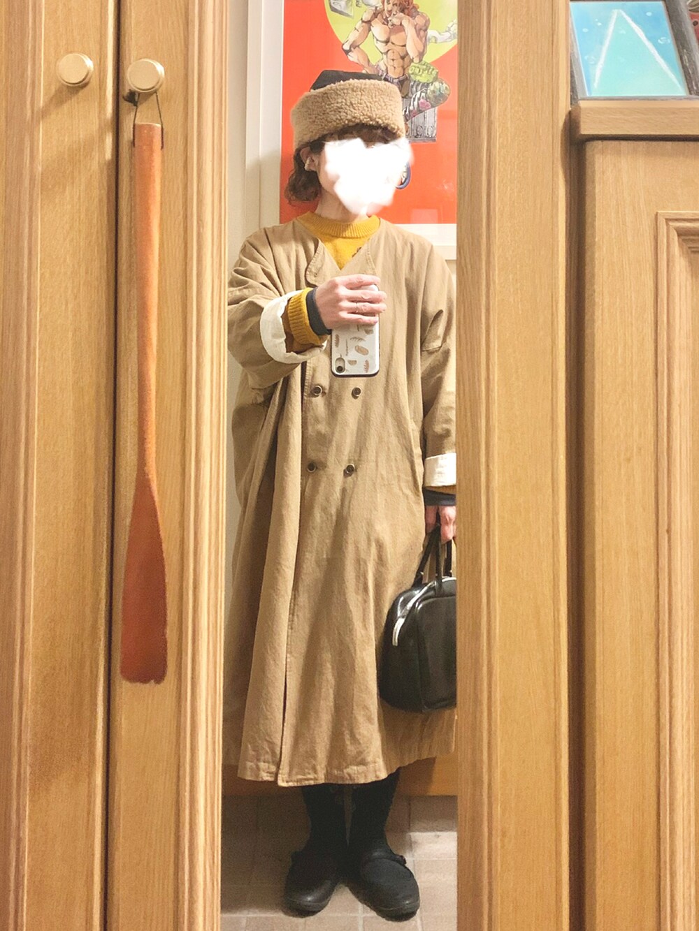 「昨日のコーデ、昨日の服、ニット、メンズアイテム、黄色、チェックパンツ」｜「GUのアイテム（ニット/セーター、イエロー系）」を使った、まっきさん（レディース・149cm）の冬コーディネートの2枚目の写真