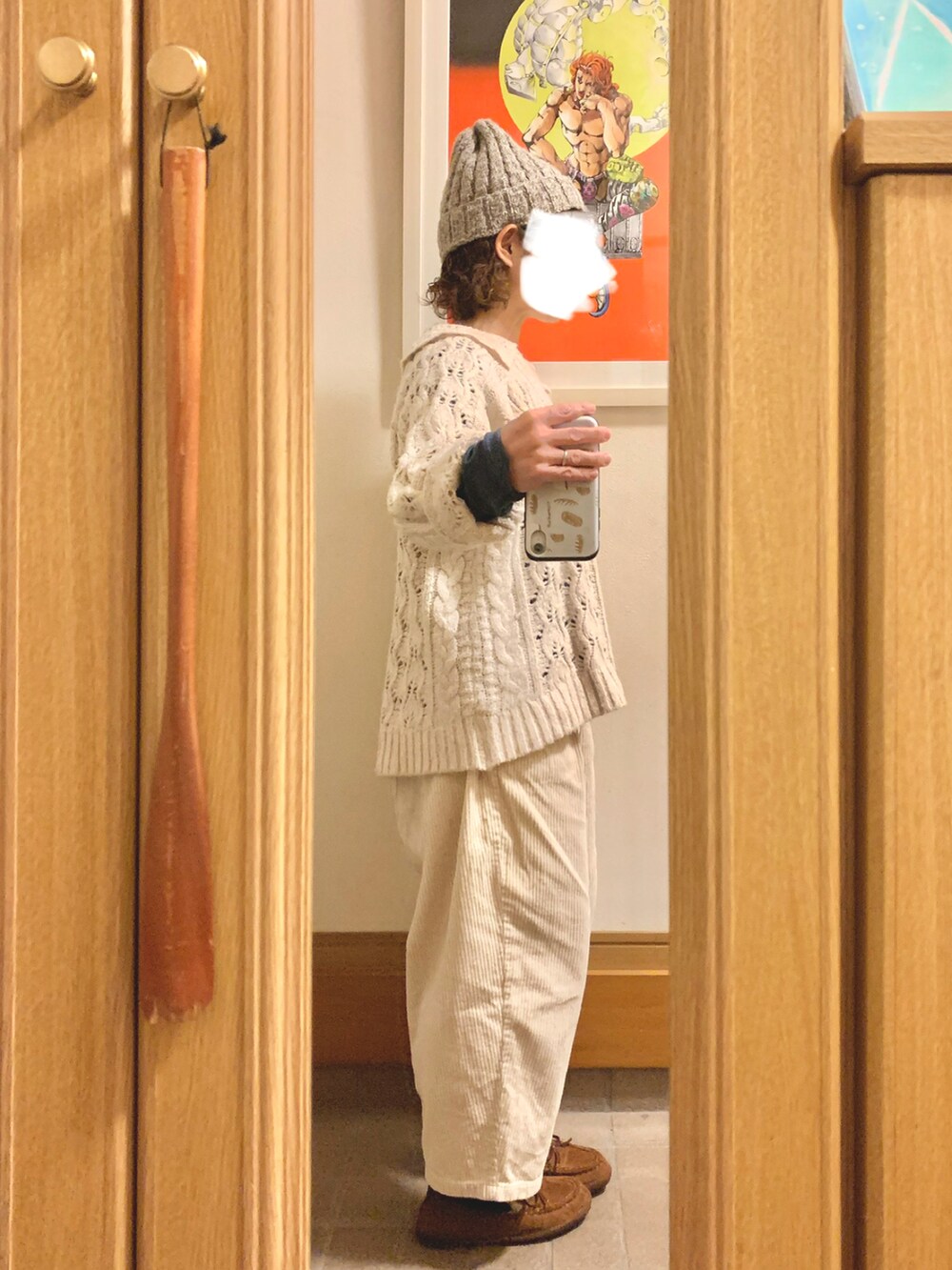 「昨日のコーデ、昨日の服、ニット、モッズコート、コーデュロイパンツ、モカシン」｜「Samansa Mos2の柄編み衿付ニット（ニット/セーター、ホワイト系）」を使った、まっきさん（レディース・149cm）の冬コーディネートの3枚目の写真