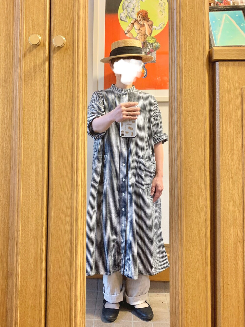 「昨日のコーデ、昨日の服、ギンガムチェック、シャツワンピ、古着」｜「14+の麦ブレードカンカン帽（ハット、ブラック系）」を使った、まっきさん（レディース・149cm）の秋コーディネートの2枚目の写真