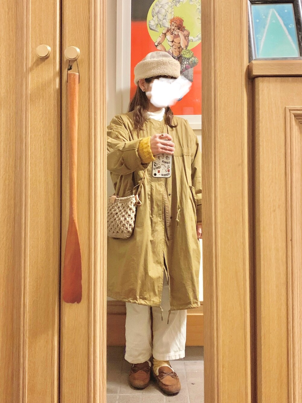 「昨日のコーデ、昨日の服、古着、ニットカーディガン、ヒートテックフリースタートルネックＴシャツ、モッズコート、モカシン」｜「Samansa Mos2のアイテム（モッズコート、ベージュ系）」を使った、まっきさん（レディース・150cm）の冬コーディネートの3枚目の写真
