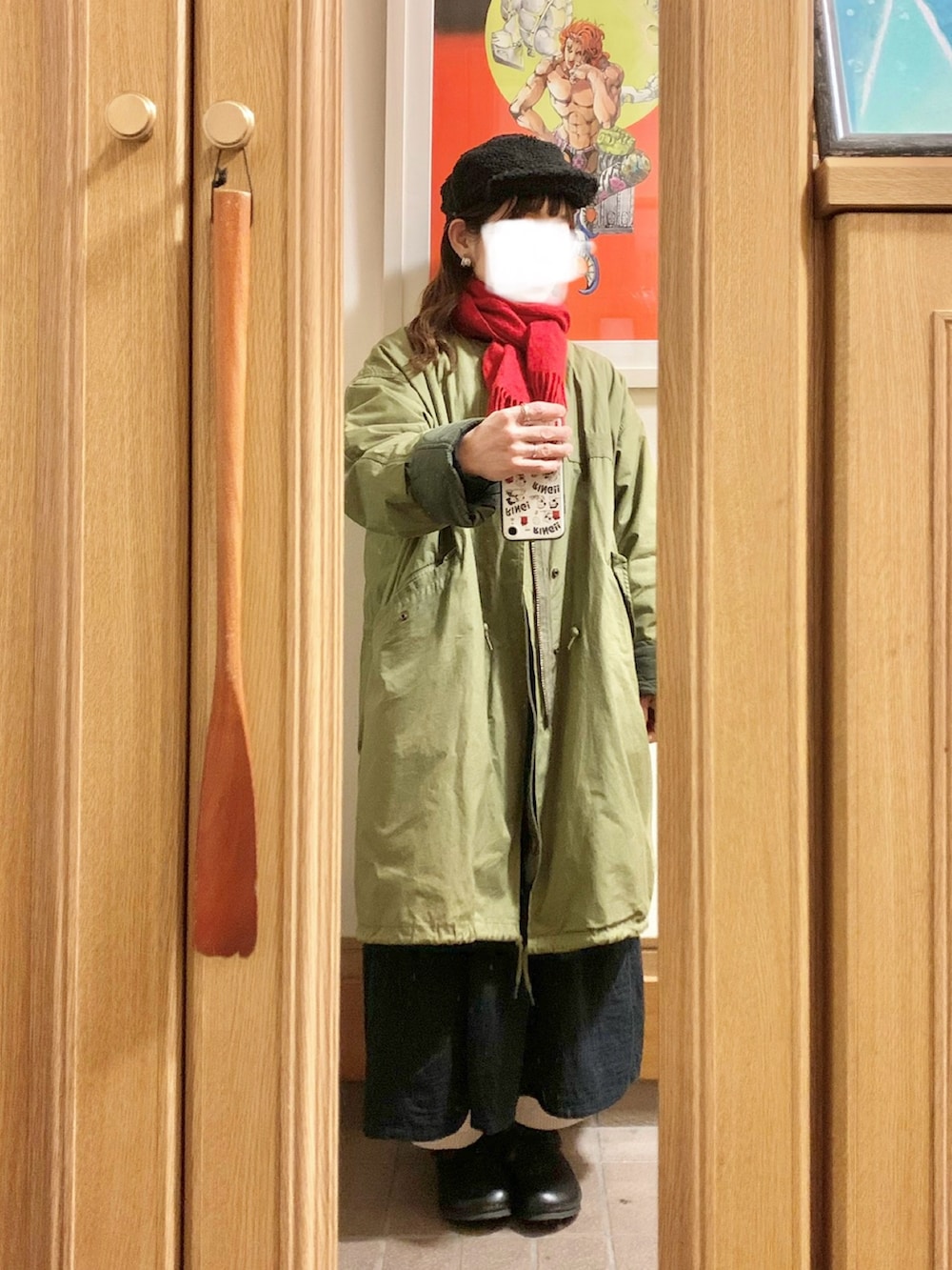 「昨日のコーデ、昨日の服、帽子、モッズコート、シャツワンピ」｜「無印良品のアイテム（ワンピース、ブラック系）」を使った、まっきさん（レディース・150cm）の冬コーディネートの3枚目の写真
