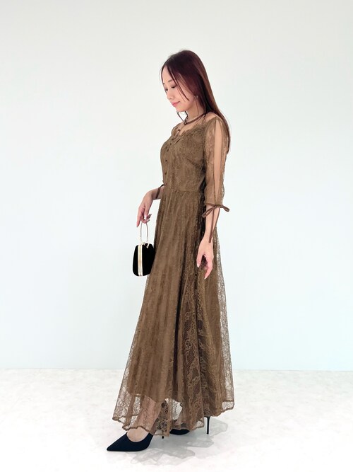 LEJA】異素材レースデコルテシアー袖リボンフロントボタンAライン美脚