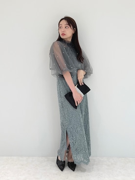LEJA】パール付きケープ風リボンパフスリーブボレロ刺繍レーススリット
