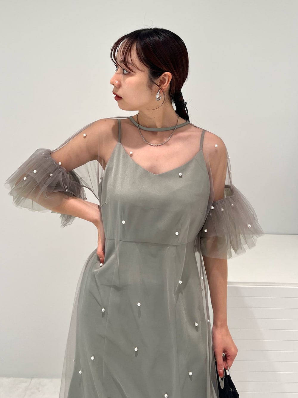 LEJA】ティアードフリルスリーブレイヤードパールワンピースドレス 2点