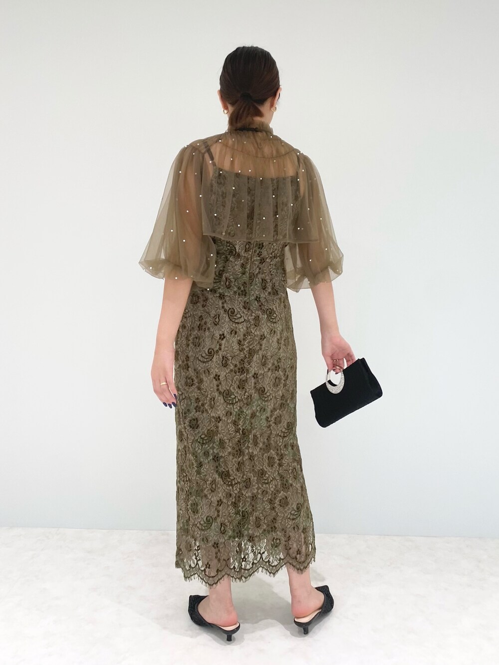 leja 2WAYパール付きシアーレースバックリボンボレロスリットキャミワンピ