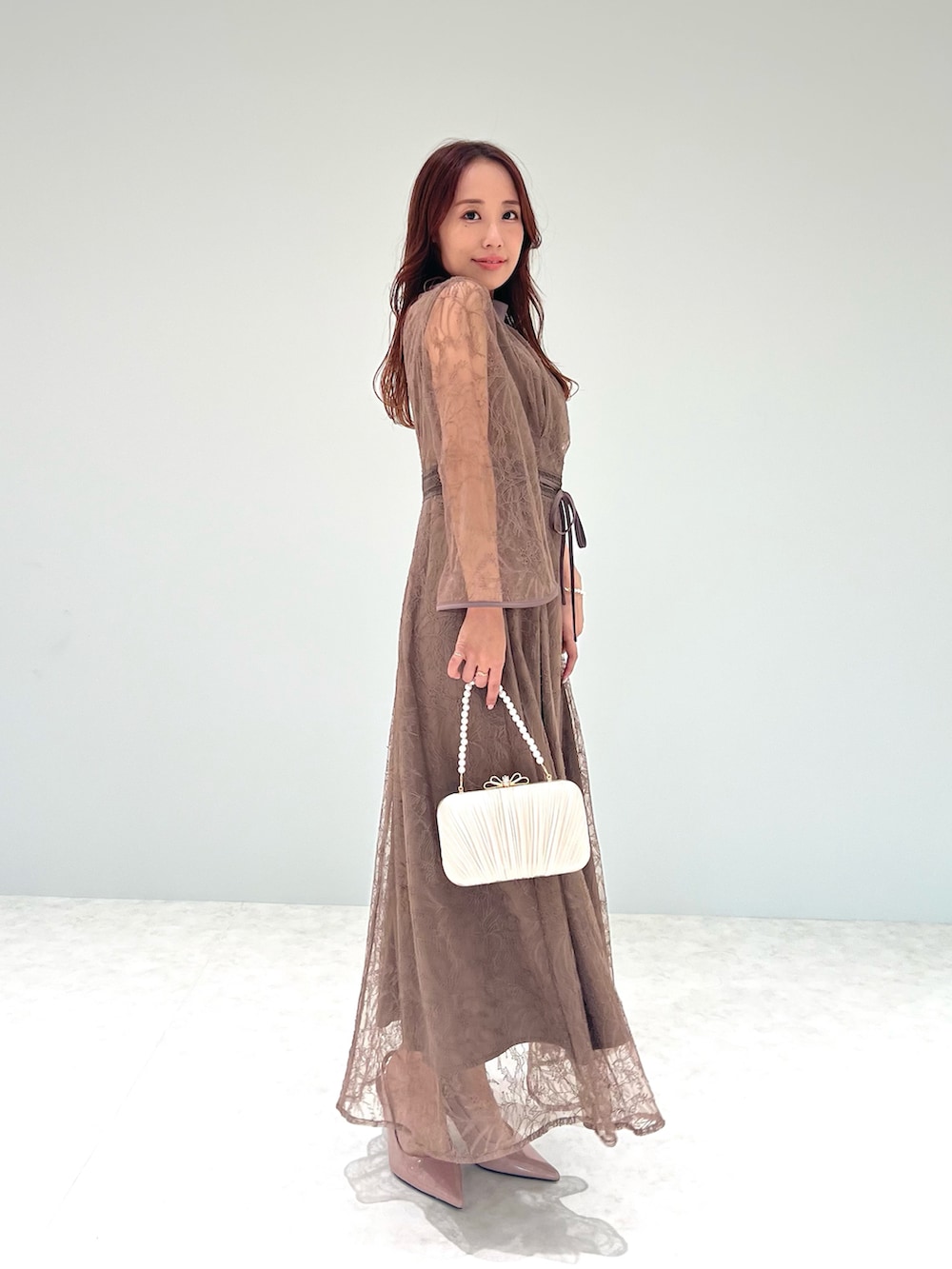 LEJA】総レースケープデザインフレアスリーブウエストリボンA