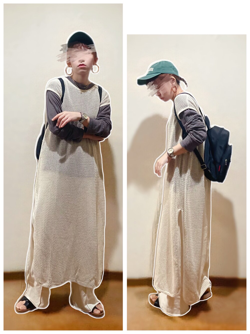 ホワイト系のワンピース、ブラック系のサンダル、グレー系のトップスを着用したレディースの春コーディネートの2枚目の写真