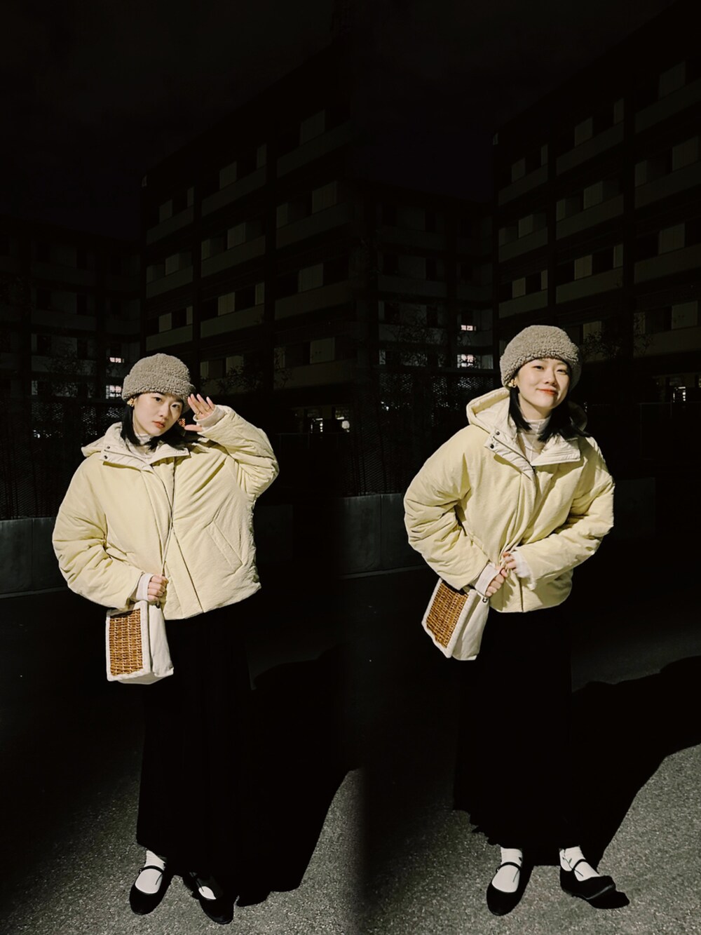 イエロー系のブルゾン、ブラック系のワンピース、ホワイト系のTシャツ/カットソーを着用したレディースの冬コーディネートの3枚目の写真