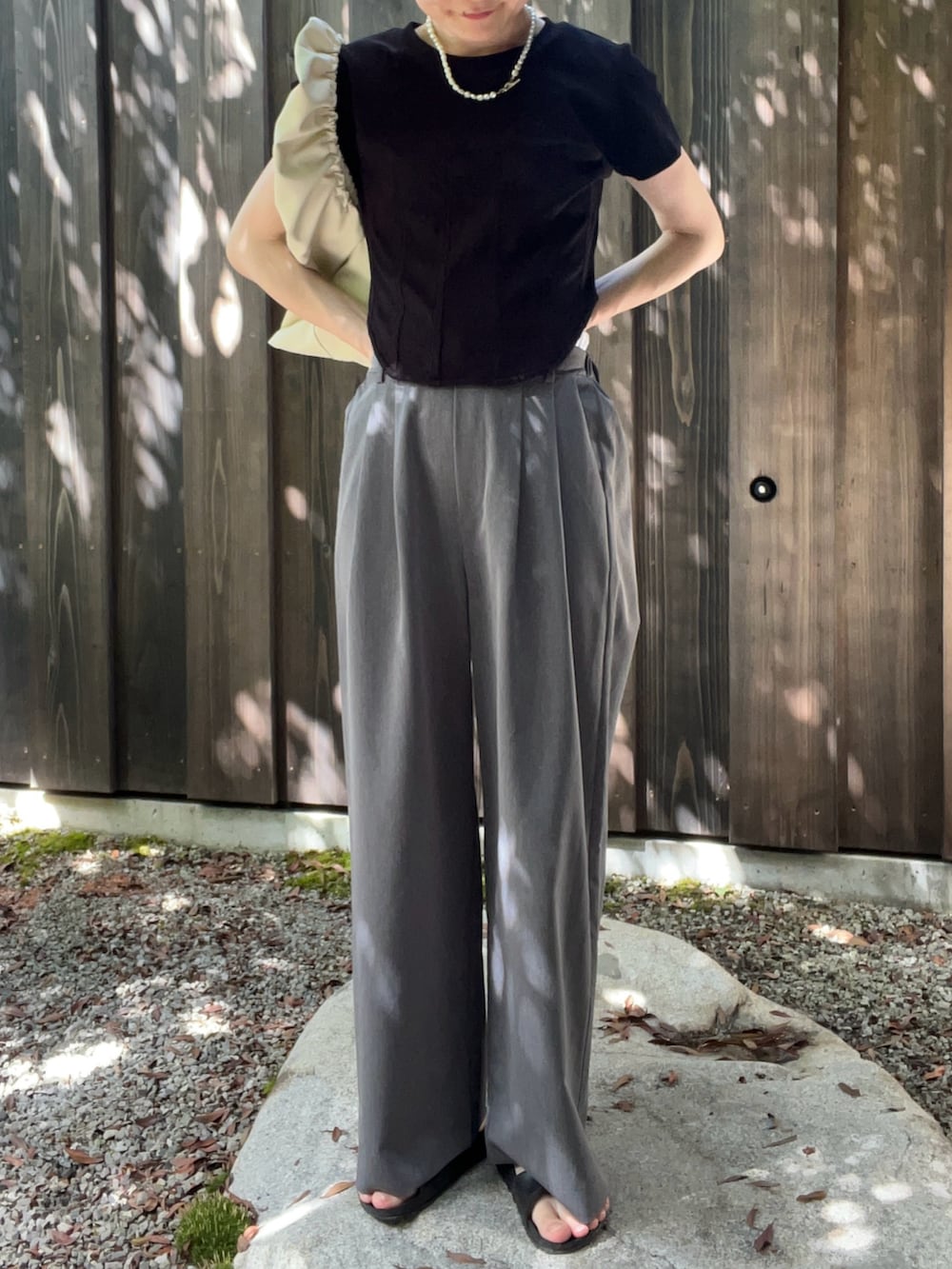 ブラック系のTシャツ/カットソー、グレー系のその他パンツ、その他のその他を着用したレディースの夏コーディネートの4枚目の写真