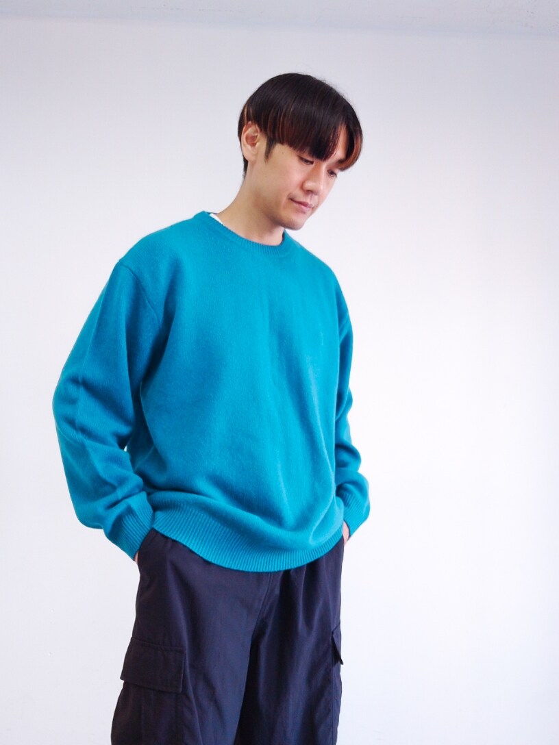 ブルー系のニット/セーター、ブラック系のカーゴパンツを着用したメンズの秋コーディネートの2枚目の写真