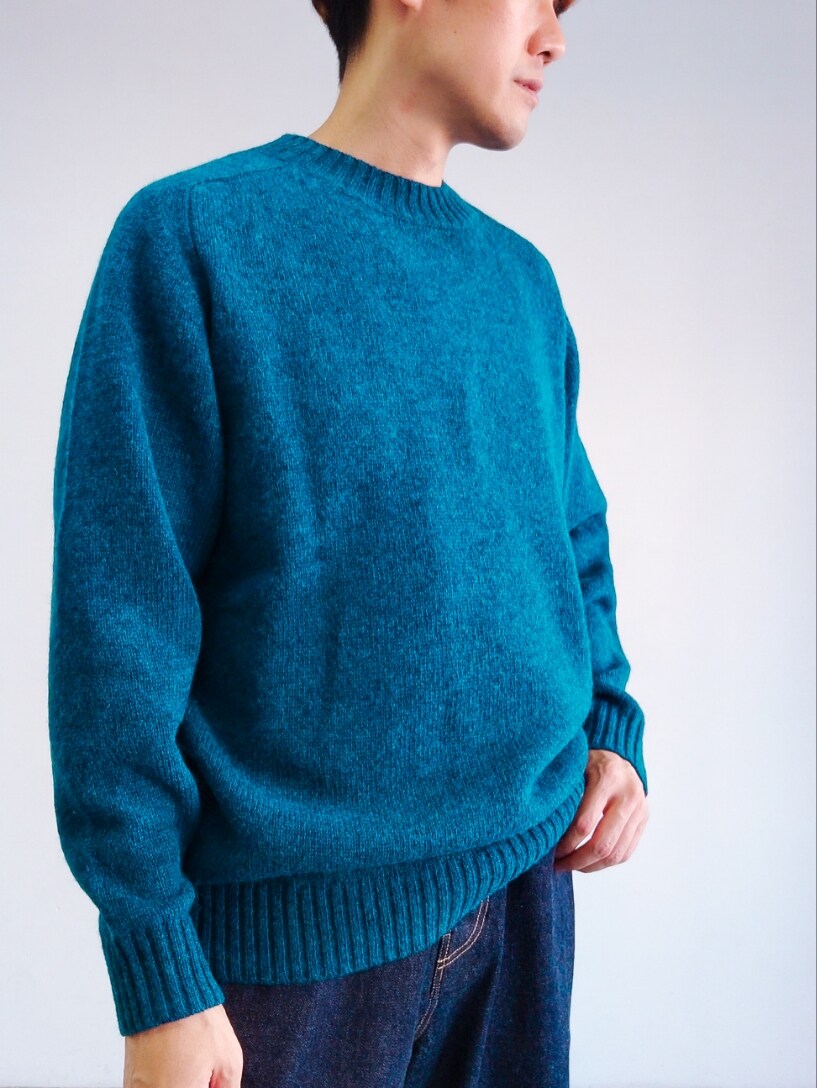 ブルー系のニット/セーター、ホワイト系のスニーカーを着用したメンズの秋コーディネートの3枚目の写真