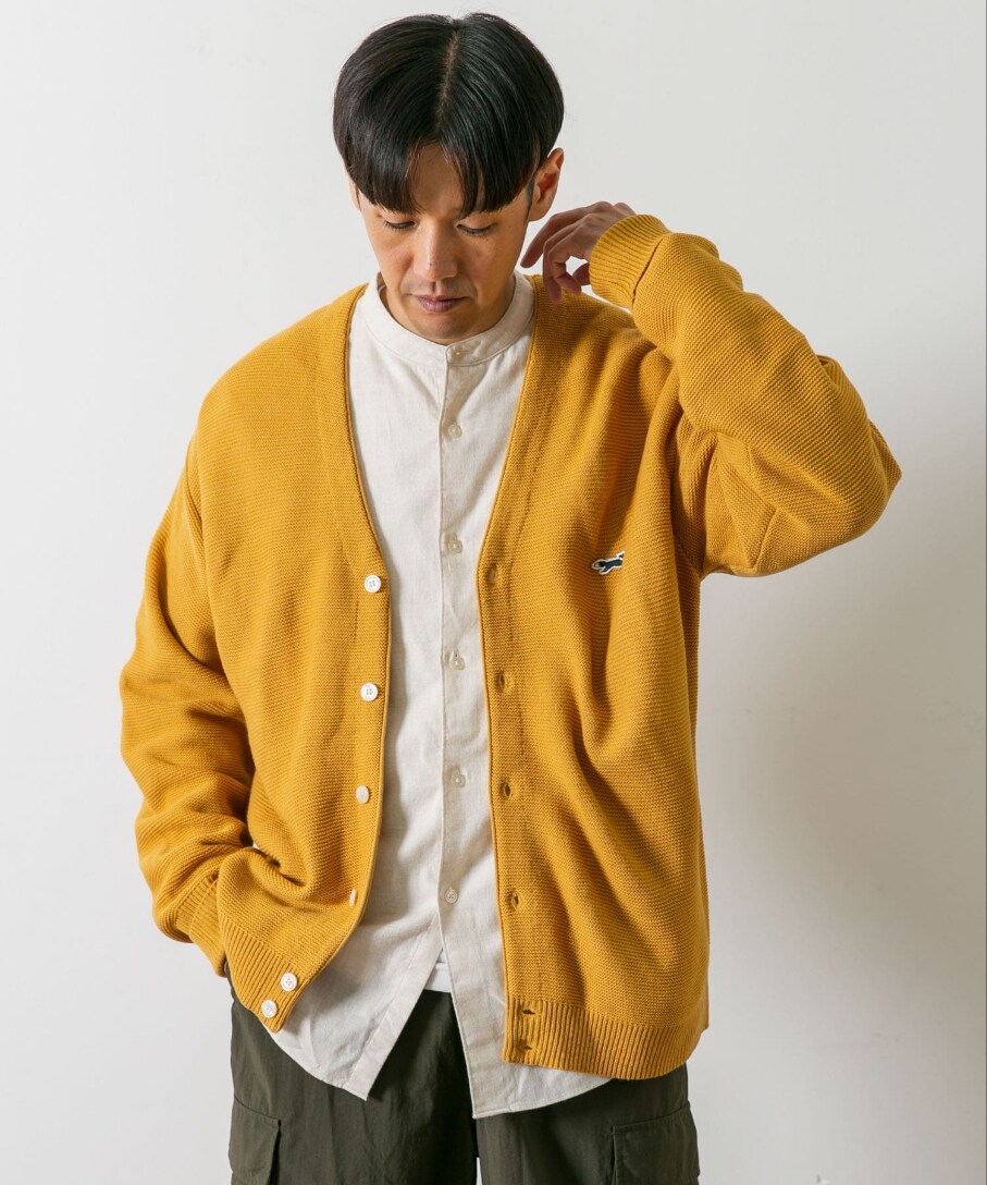 イエロー系のカーディガン/ボレロ、グリーン系のカーゴパンツ、ホワイト系のシャツ/ブラウスを着用したメンズの秋コーディネートの2枚目の写真