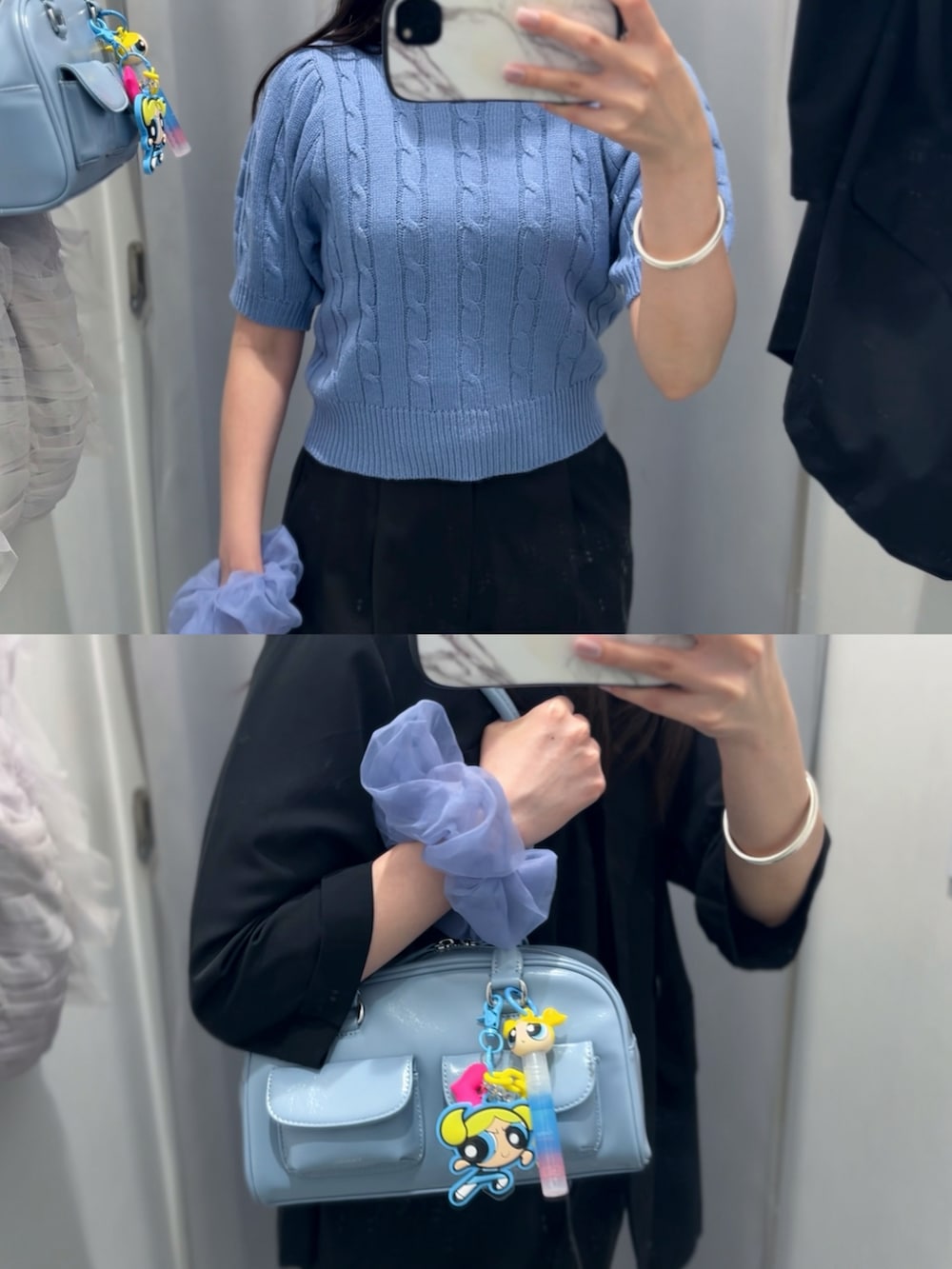 グレー系のスニーカー、ブルー系のショルダーバッグ、ブラック系のその他パンツを着用したレディースの秋コーディネートの3枚目の写真