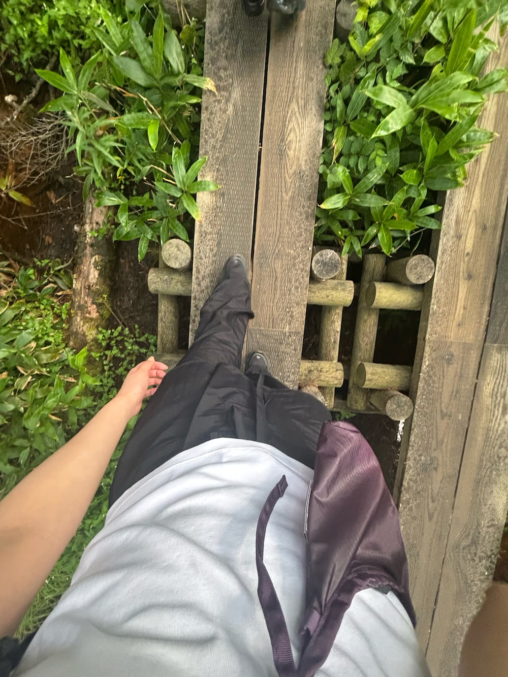 ブラック系のスニーカー、ホワイト系のバックパック/リュック、パープル系のバッグを着用したレディースの夏コーディネートの3枚目の写真