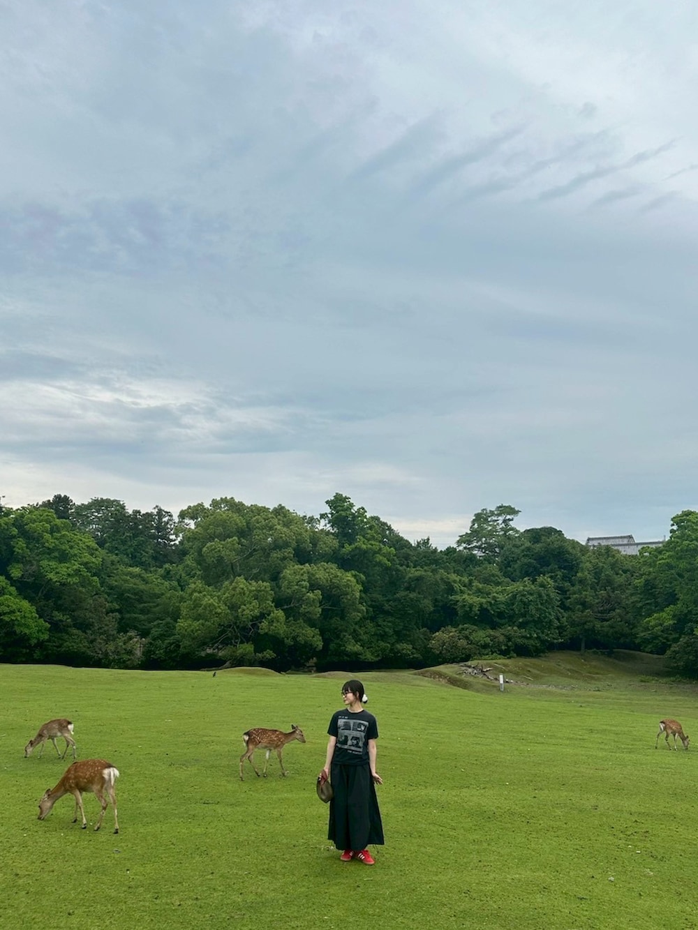 レッド系のスニーカー、ブラック系のスカートを着用したレディースの夏コーディネートの2枚目の写真