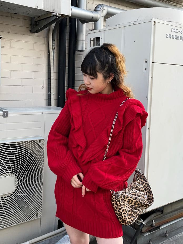 レッド系のニット/セーター、その他のハンドバッグを着用したレディースの秋コーディネートの2枚目の写真