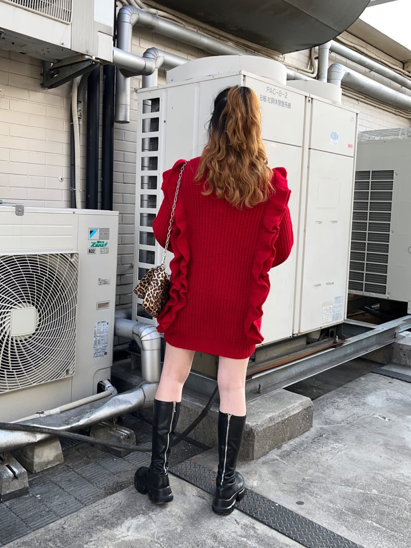 レッド系のニット/セーター、その他のハンドバッグを着用したレディースの秋コーディネートの4枚目の写真