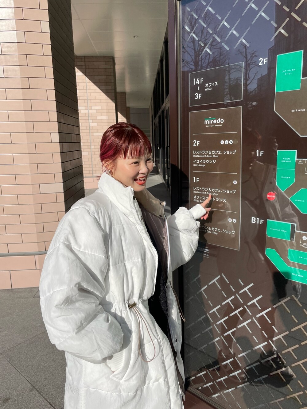 ブラック系のワンピース、ホワイト系のダウンジャケット/コート、ホワイト系のニット/セーターを着用したレディースの冬コーディネートの3枚目の写真