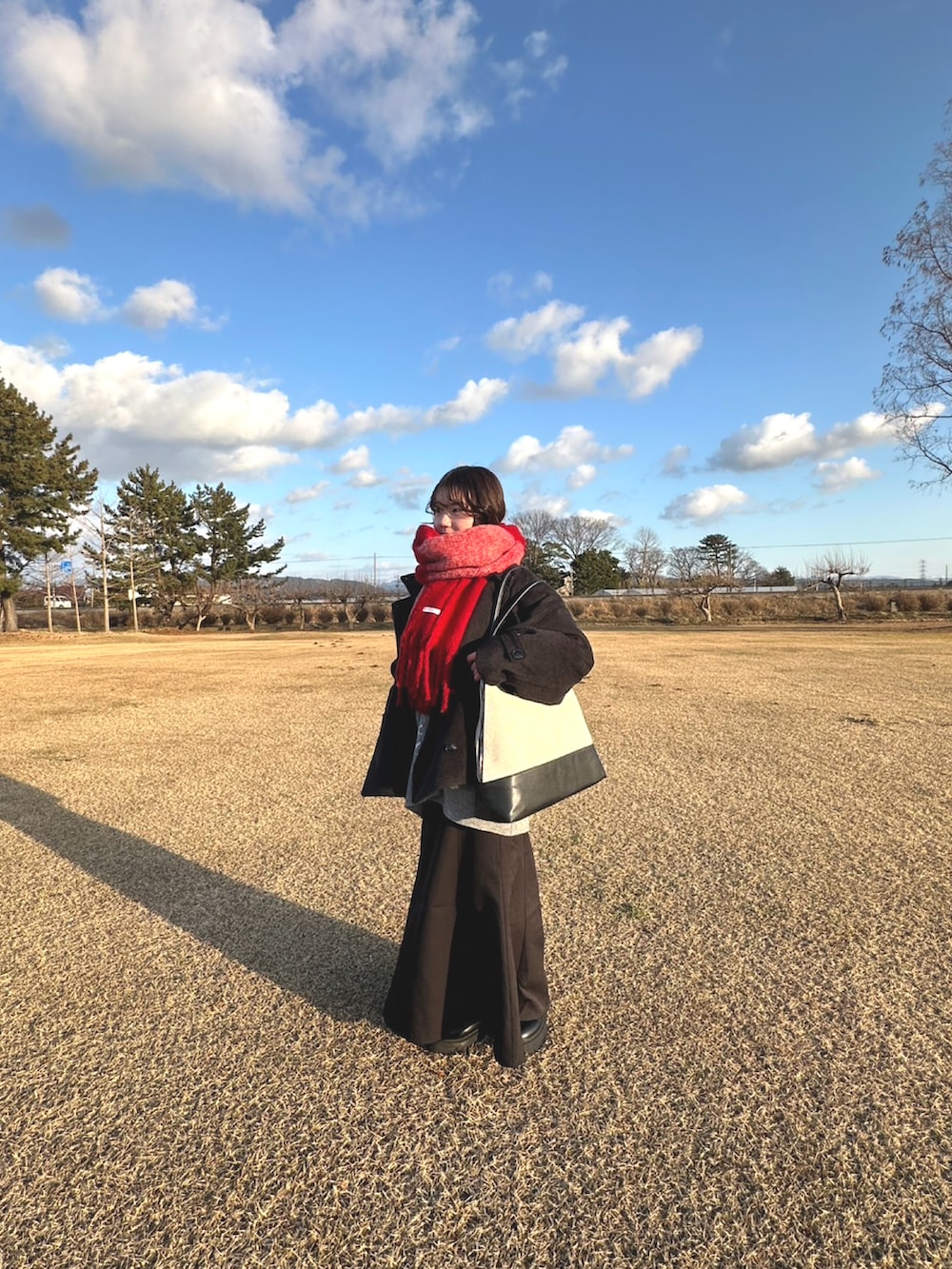 グレー系のニット/セーター、その他のボストンバッグ、ブラック系のスカートを着用したレディースの冬コーディネートの2枚目の写真