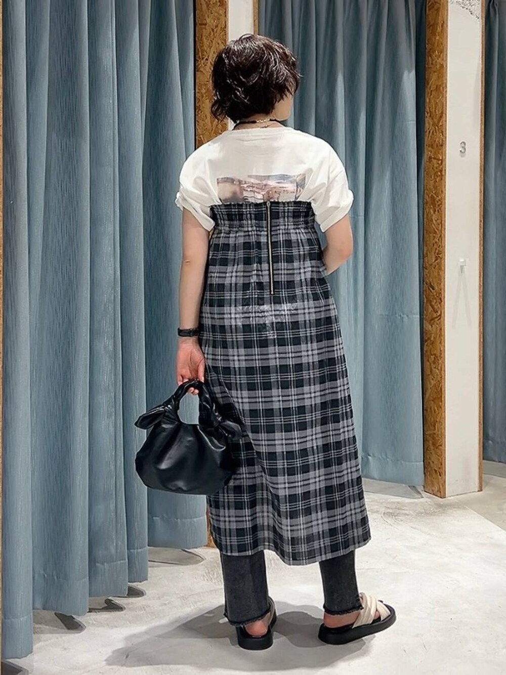 ホワイト系のTシャツ/カットソー、ホワイト系のサンダル、ブラック系のショルダーバッグを着用したレディースの夏コーディネートの8枚目の写真