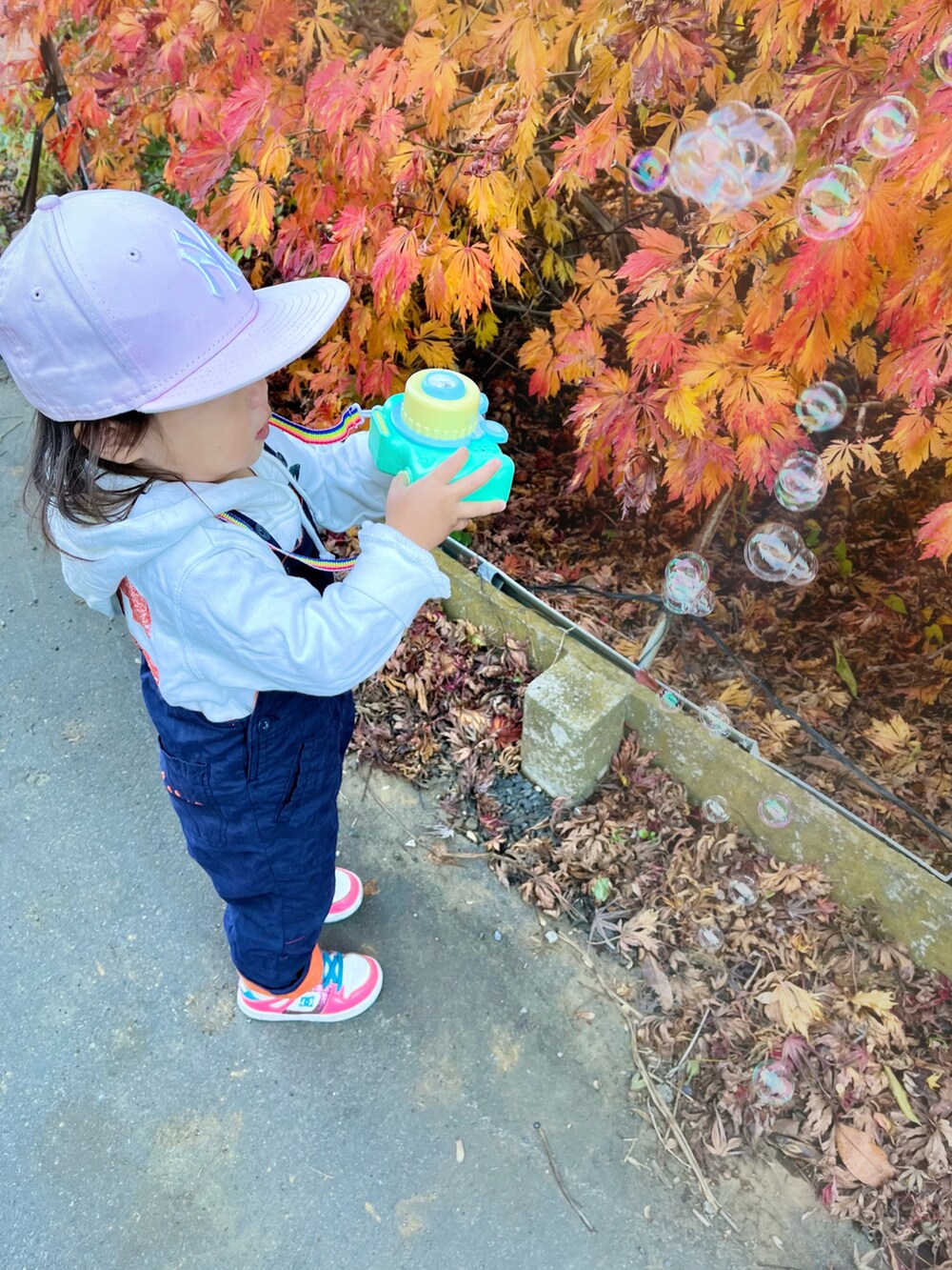 ブルー系のサロペット/オーバーオール、ピンク系のスニーカー、ピンク系のキャップを着用したキッズの秋コーディネートの2枚目の写真