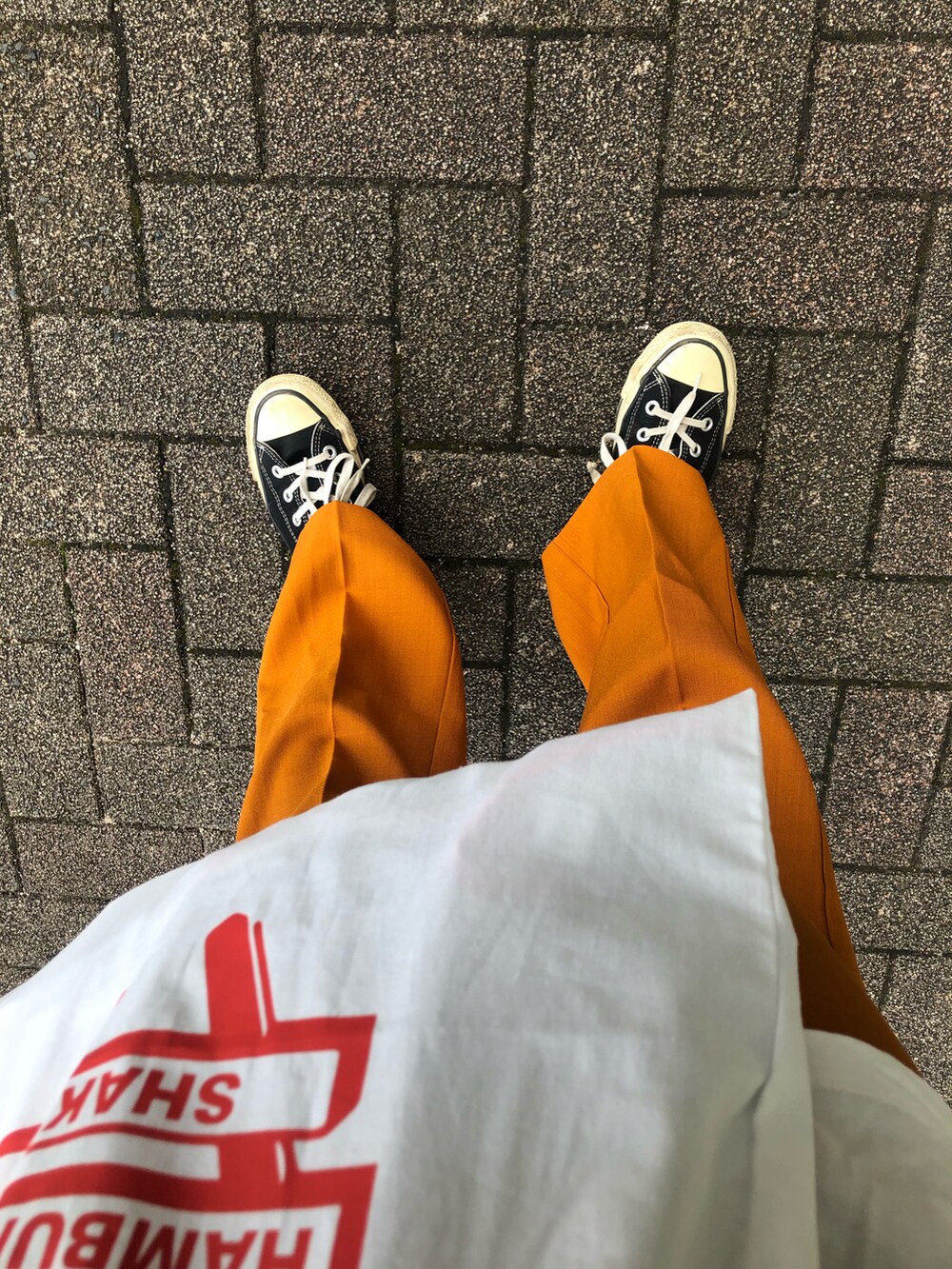 ホワイト系のTシャツ/カットソー、オレンジ系のスラックス、ホワイト系のトートバッグを着用したレディースの秋コーディネートの2枚目の写真