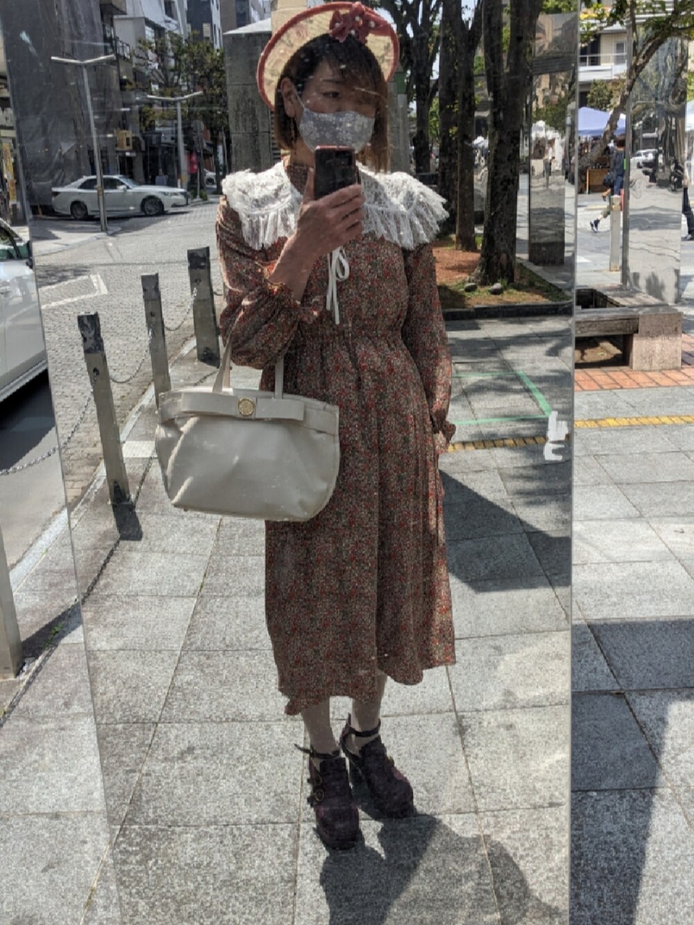 「お出かけコーデ、オトナカワイイ、ワンピースコーデ、シンプルスタイル、MTF、LGBT」｜「星箱ワークスのアイテム（ハット、ピンク系）」を使った、ななお(七緒)さん（レディース・169cm）の春コーディネートの2枚目の写真