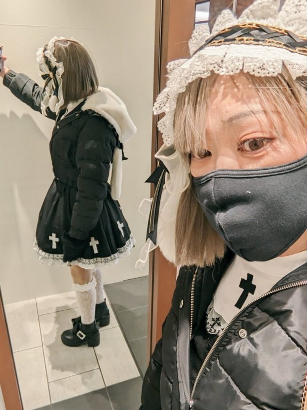 「休日スタイル、ストリートコーデ、ゴスロリ、お出かけコーデ、ブラックコーデ、LGBT、MTF」｜「夢展望のアイテム（ダウンジャケット/コート、ブラック系）」を使った、ななお(七緒)さん（レディース・169cm）の冬コーディネートの2枚目の写真