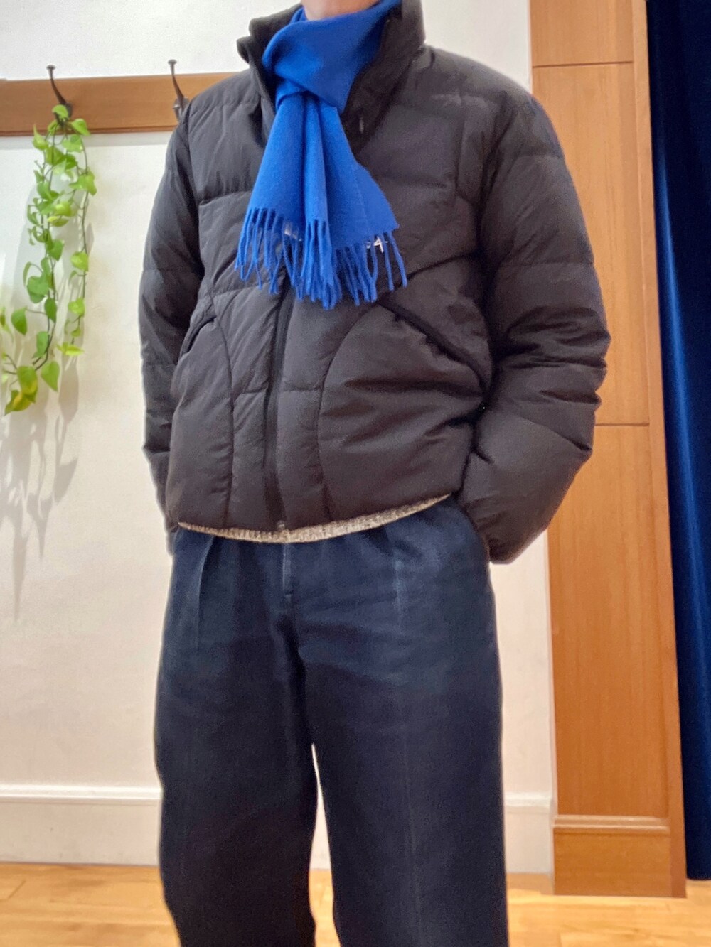 グリーン系のダウンジャケット/コート、ブルー系のニット/セーター、ブルー系のマフラーを着用したメンズの秋コーディネートの9枚目の写真