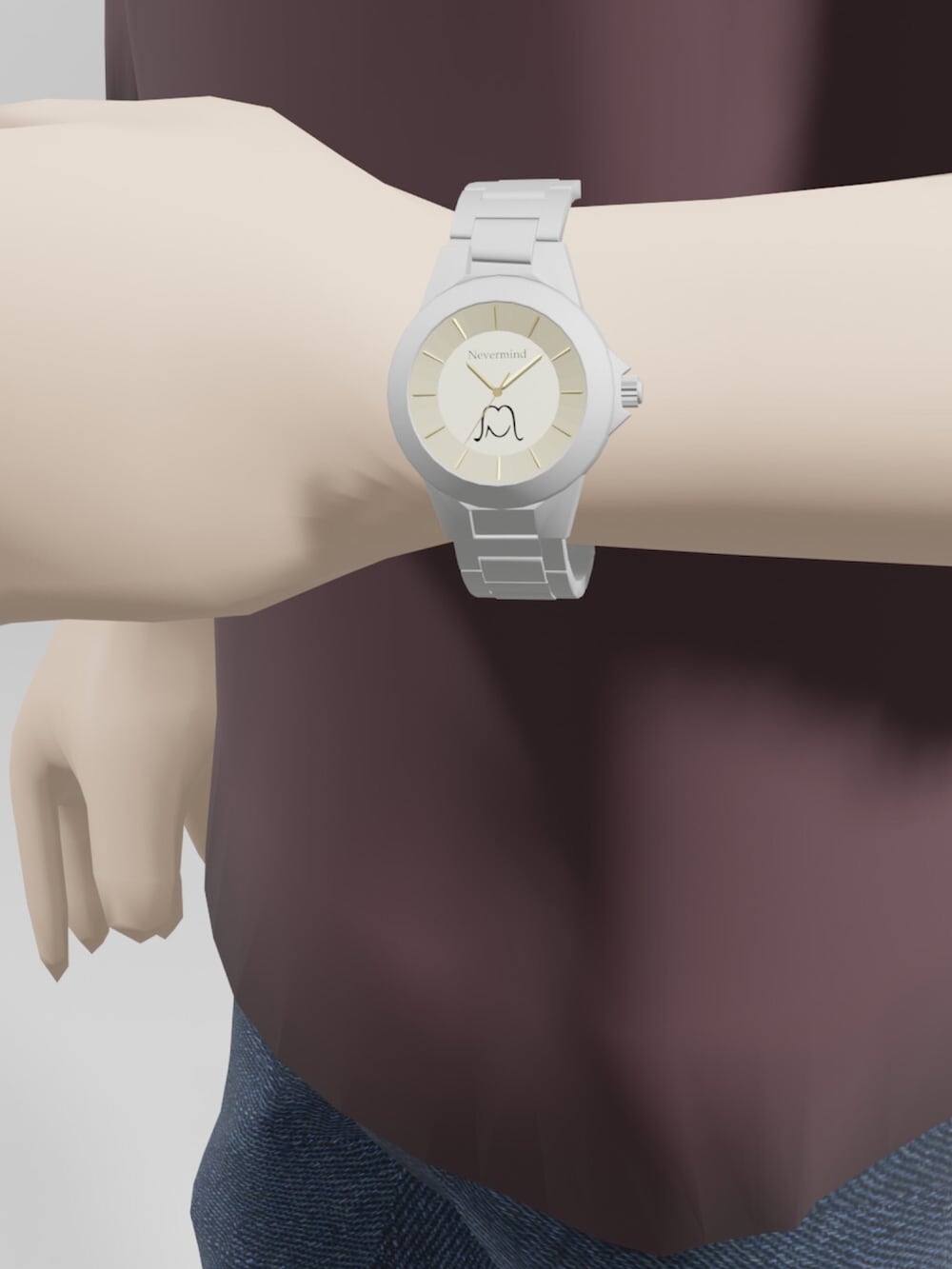 ホワイト系のスニーカー、ブルー系のデニムパンツ、シルバー系のアナログ腕時計を着用したメンズの春コーディネートの3枚目の写真