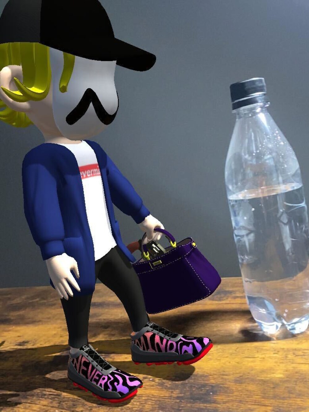 ブラック系のスニーカー、ホワイト系のTシャツ/カットソー、パープル系のスーツケース/キャリーバッグを着用したメンズの春コーディネートの3枚目の写真