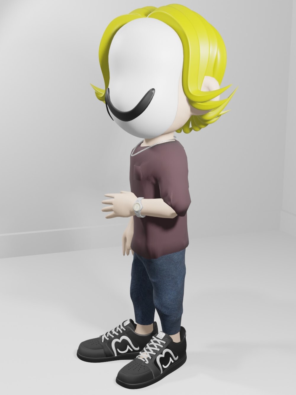 ホワイト系のスニーカー、ブルー系のデニムパンツ、シルバー系のアナログ腕時計を着用したメンズの春コーディネートの2枚目の写真