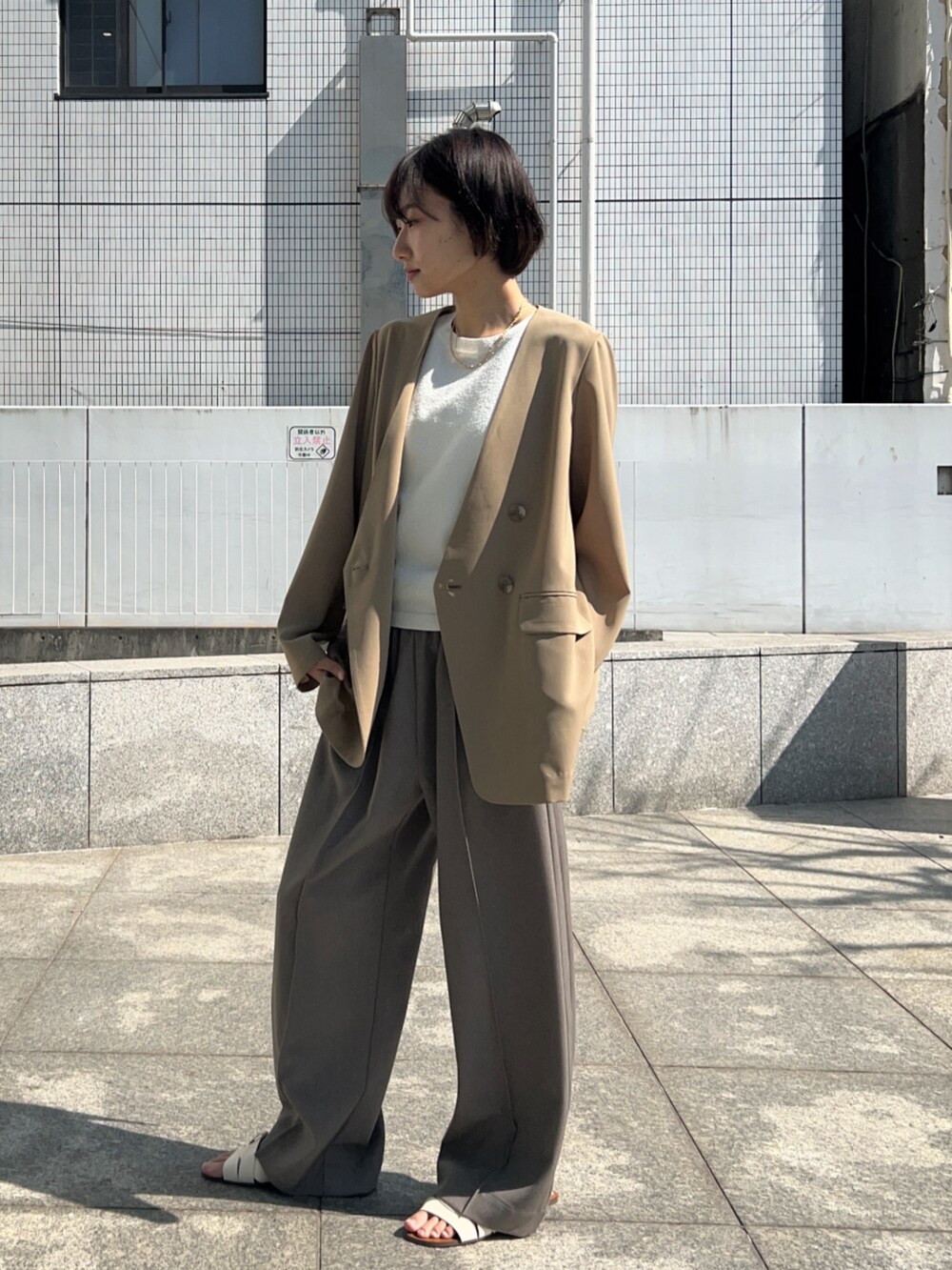 「ジャケット、レイヤードスタイル、トートバッグ、オトナカジュアル、きれいめコーデ、大人女子、春、大人コーデ、ゆるシルエット、淡色コーデ、春カラー、パンツスタイル、オフィスカジュアル、オフィススタイル」｜「cloencの【セットアップ／通勤】ノーカラージャケット（ノーカラージャケット、ベージュ系）」を使った、cloencさん（レディース・158cm）の春コーディネートの6枚目の写真