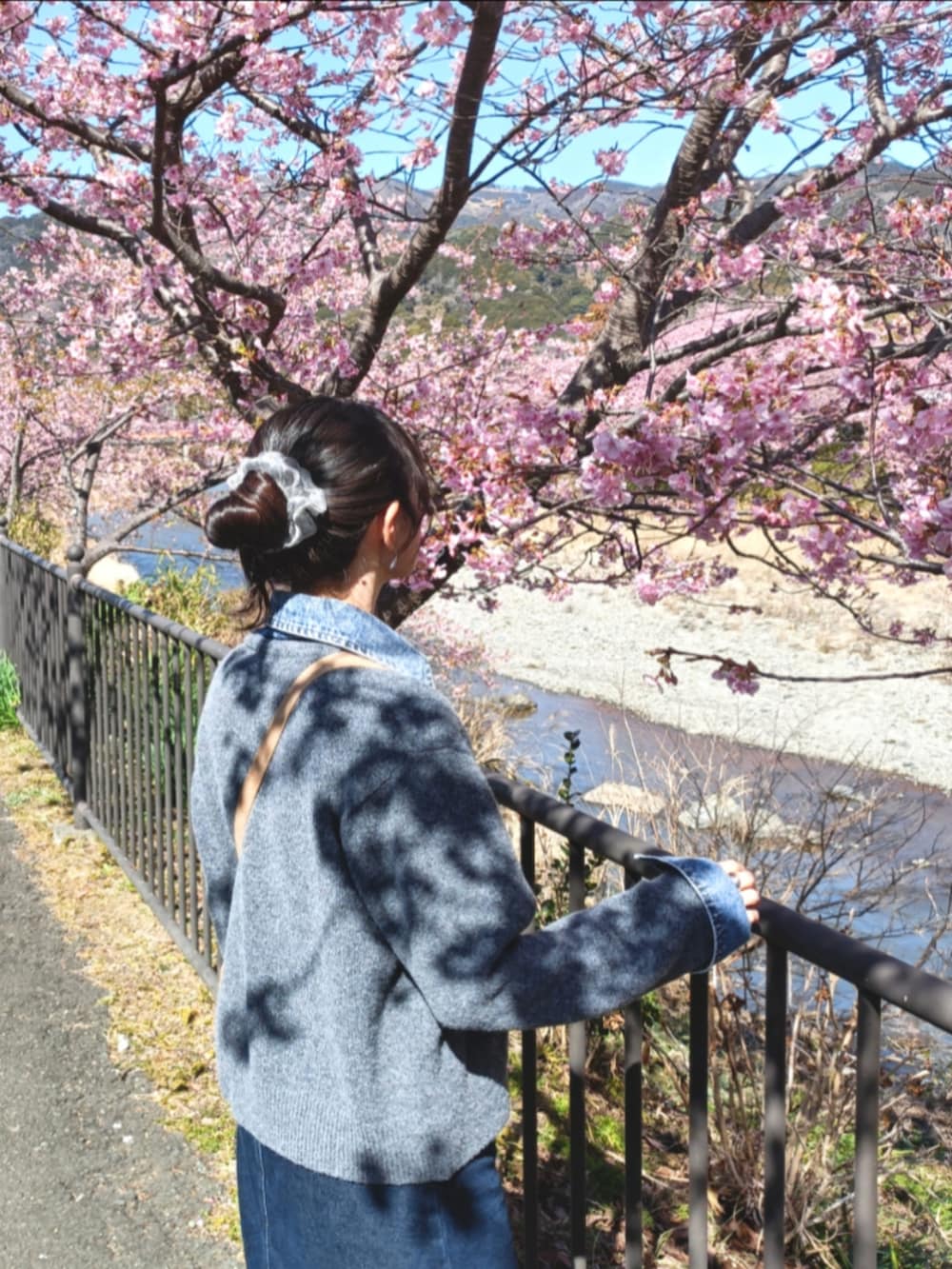 グレー系のカーディガン/ボレロ、ブルー系のデニムスカート、グレー系のスニーカーを着用したレディースの春コーディネートの2枚目の写真