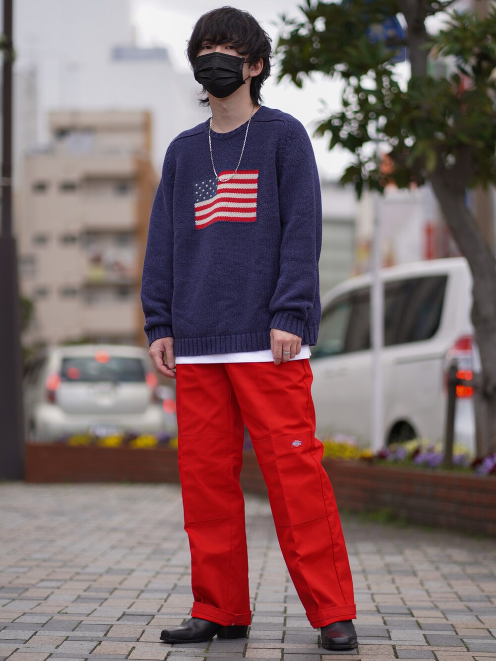 「はじめましてコーデ、大人コーデ、Dickies、カラーパンツ、ヒールブーツ、ZARA、春、古着、お洒落さんとつながりたい、ootd、レイヤードスタイル、春ニット、きれいめカジュアル、古着MIX、ネイビー」｜「DickiesのDickies/ディッキーズ LOOSE FIT ダブルニー センタープレス ワークパンツ（チノパンツ、レッド系）」を使った、ましろ@放射線技師さん（メンズ・175cm）の春コーディネートの2枚目の写真
