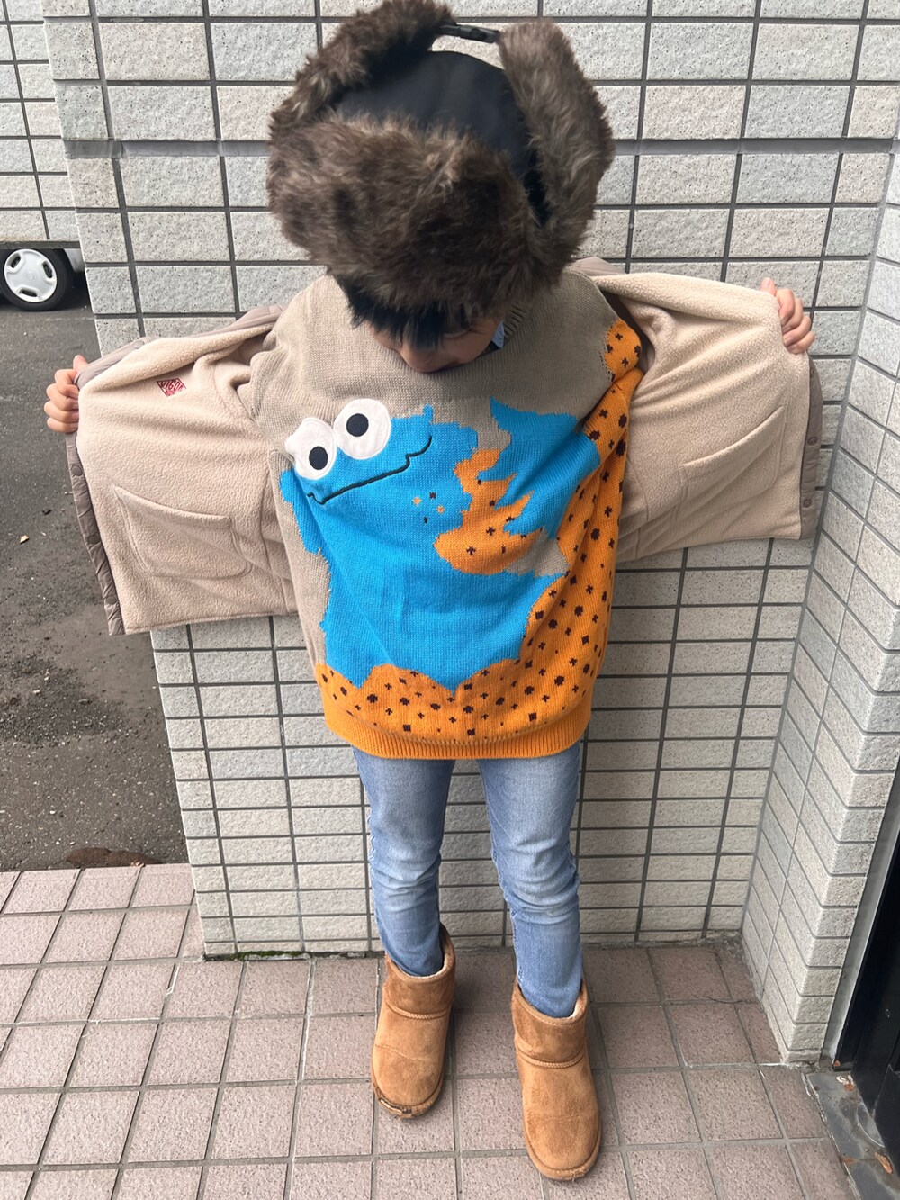 「最近のいい感じコーデ、冬アウター、休日スタイル、デニム、レイヤードスタイル、フライトキャップ、プチプラ、冬コーデ」｜「H&Mのアイテム（ニット/セーター、その他）」を使った、✳︎sho-ma✳︎さん（キッズ・120cm）の秋コーディネートの2枚目の写真