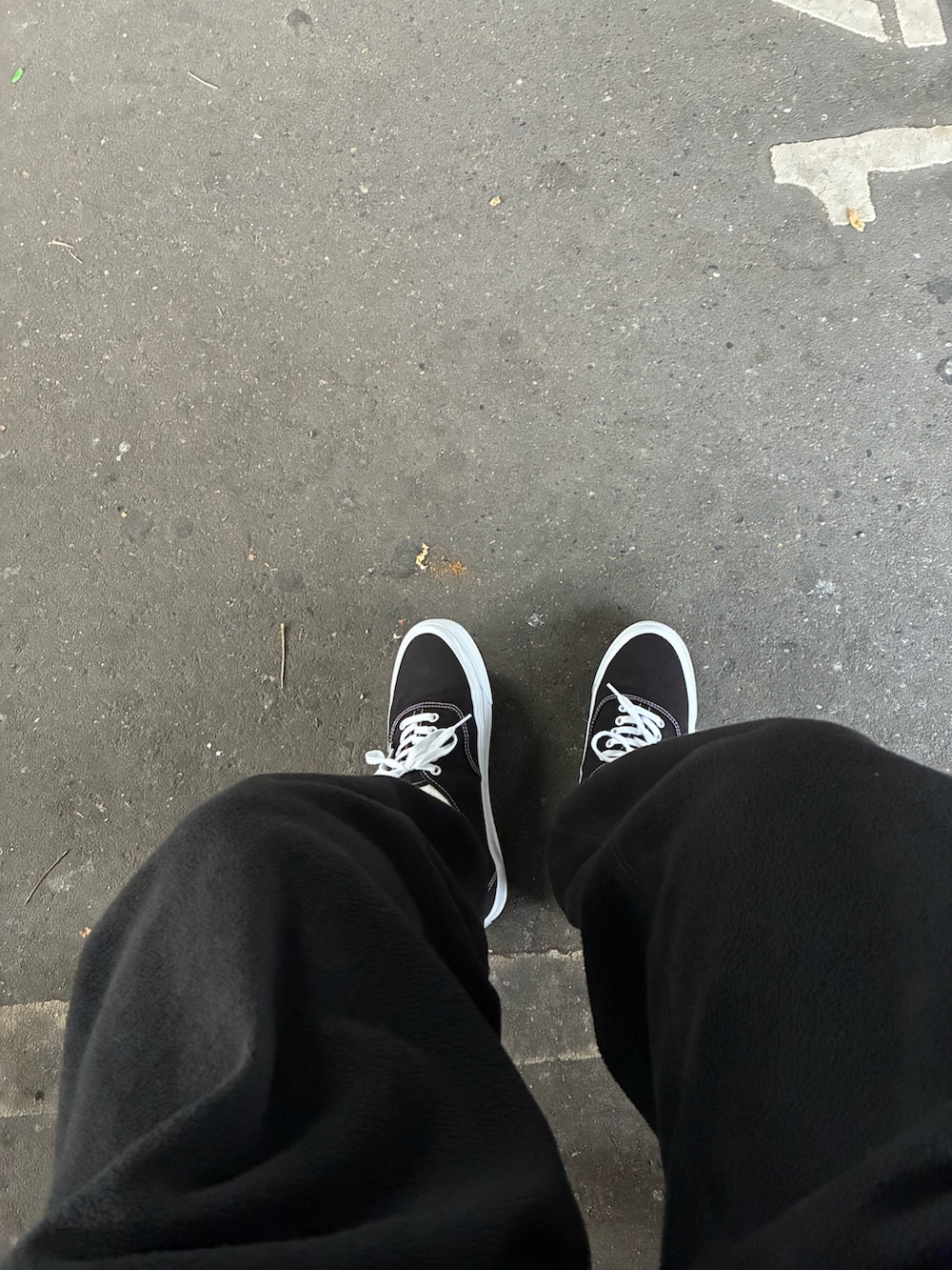 ベージュ系のベスト、ブラック系のスニーカーを着用したメンズの冬コーディネートの2枚目の写真