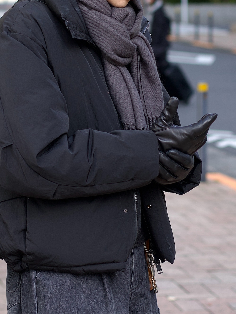 ブラック系のダウンジャケット/コート、ブラック系のニット/セーター、ブラック系のカーゴパンツを着用したメンズの冬コーディネートの3枚目の写真