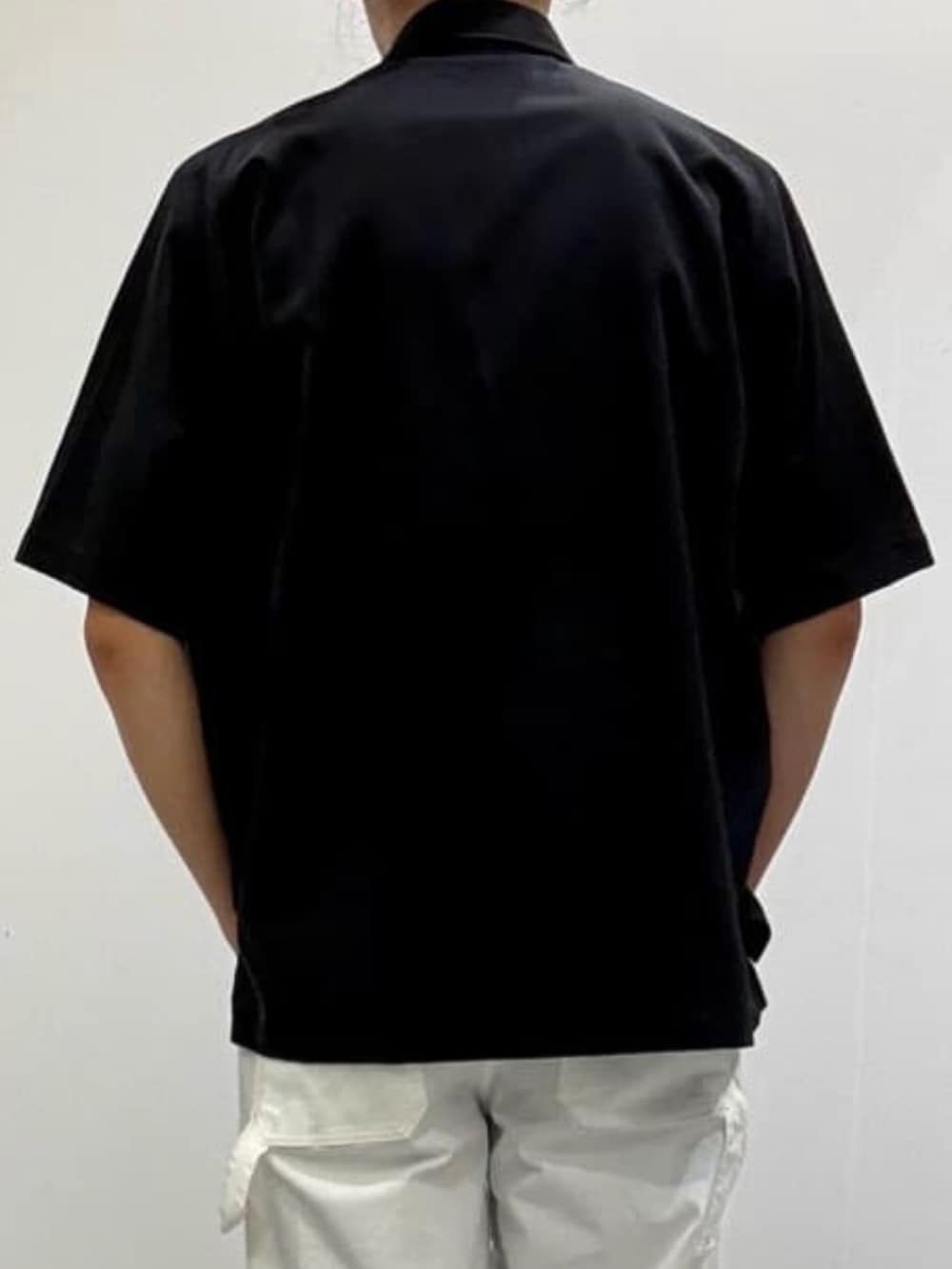 ベージュ系のスリッポン、ブラウン系のTシャツ/カットソー、ブラック系のシャツ/ブラウスを着用したメンズの夏コーディネートの6枚目の写真