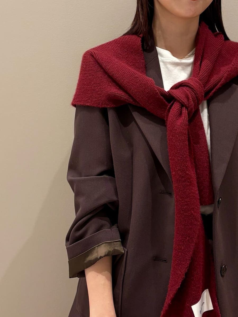 ブラウン系のテーラードジャケット、ブラウン系のその他パンツ、ホワイト系のTシャツ/カットソーを着用したレディースの秋コーディネートの7枚目の写真