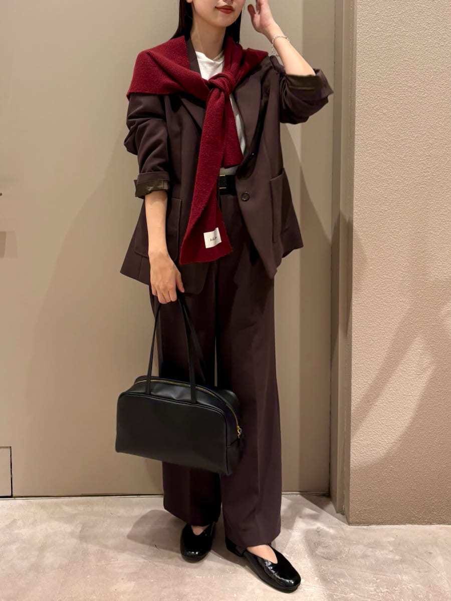 ブラウン系のテーラードジャケット、ブラウン系のその他パンツ、ホワイト系のTシャツ/カットソーを着用したレディースの秋コーディネートの2枚目の写真