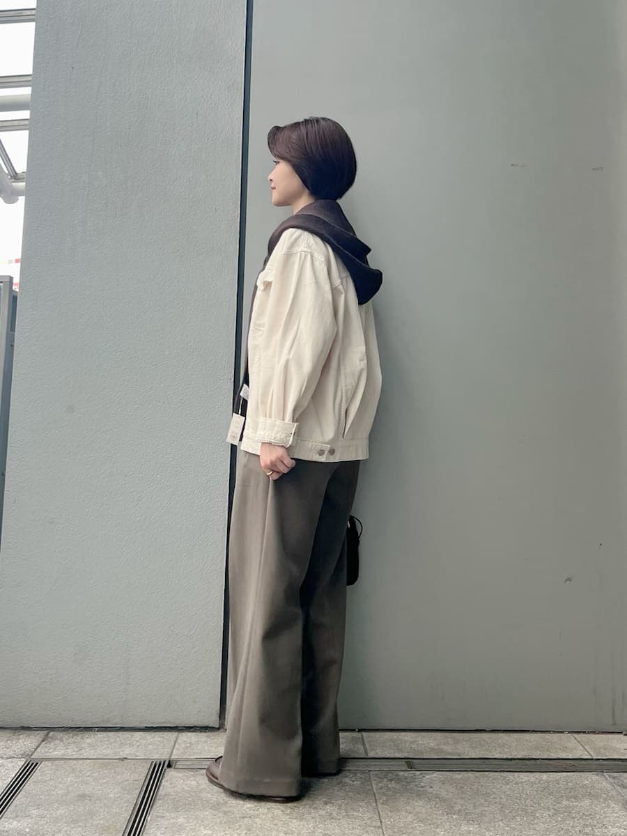 ホワイト系のデニムジャケット、ブルー系のワンピース、ブラウン系のその他パンツを着用したレディースの秋コーディネートの2枚目の写真