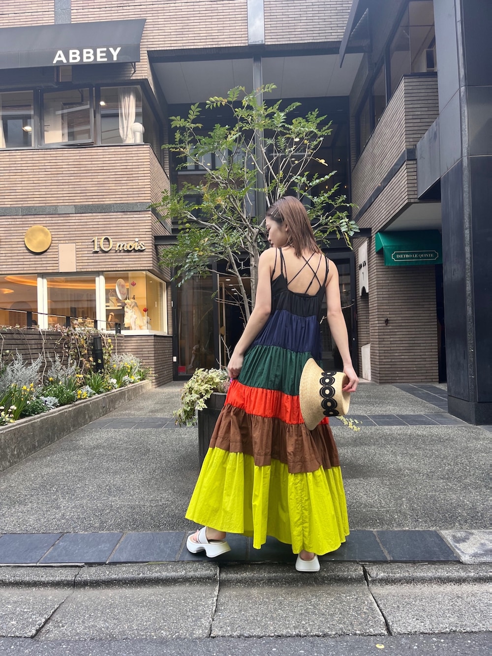 ホワイト系のサンダル、イエロー系のワンピース、ベージュ系のハットを着用したレディースの冬コーディネートの3枚目の写真