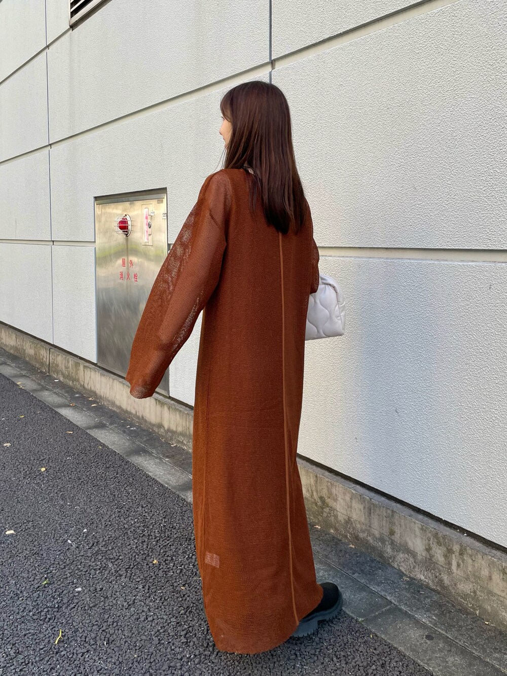 ブラウン系のワンピース、ブラック系のブーツ、ホワイト系のボストンバッグを着用したレディースの秋コーディネートの3枚目の写真