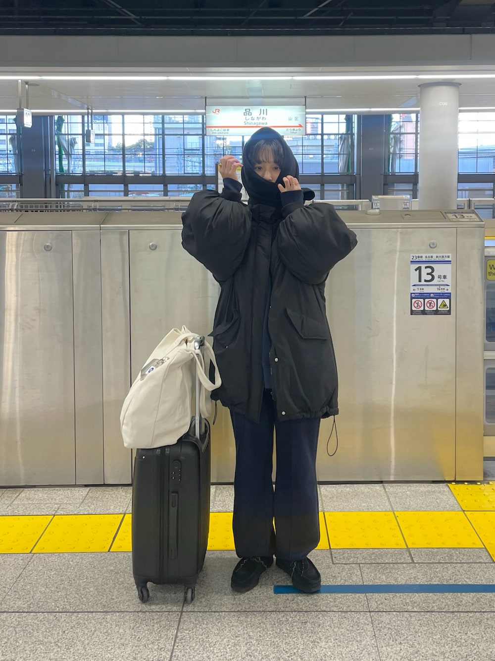 ブラック系のダウンジャケット/コート、グレー系のスウェットパンツを着用したレディースの冬コーディネートの2枚目の写真