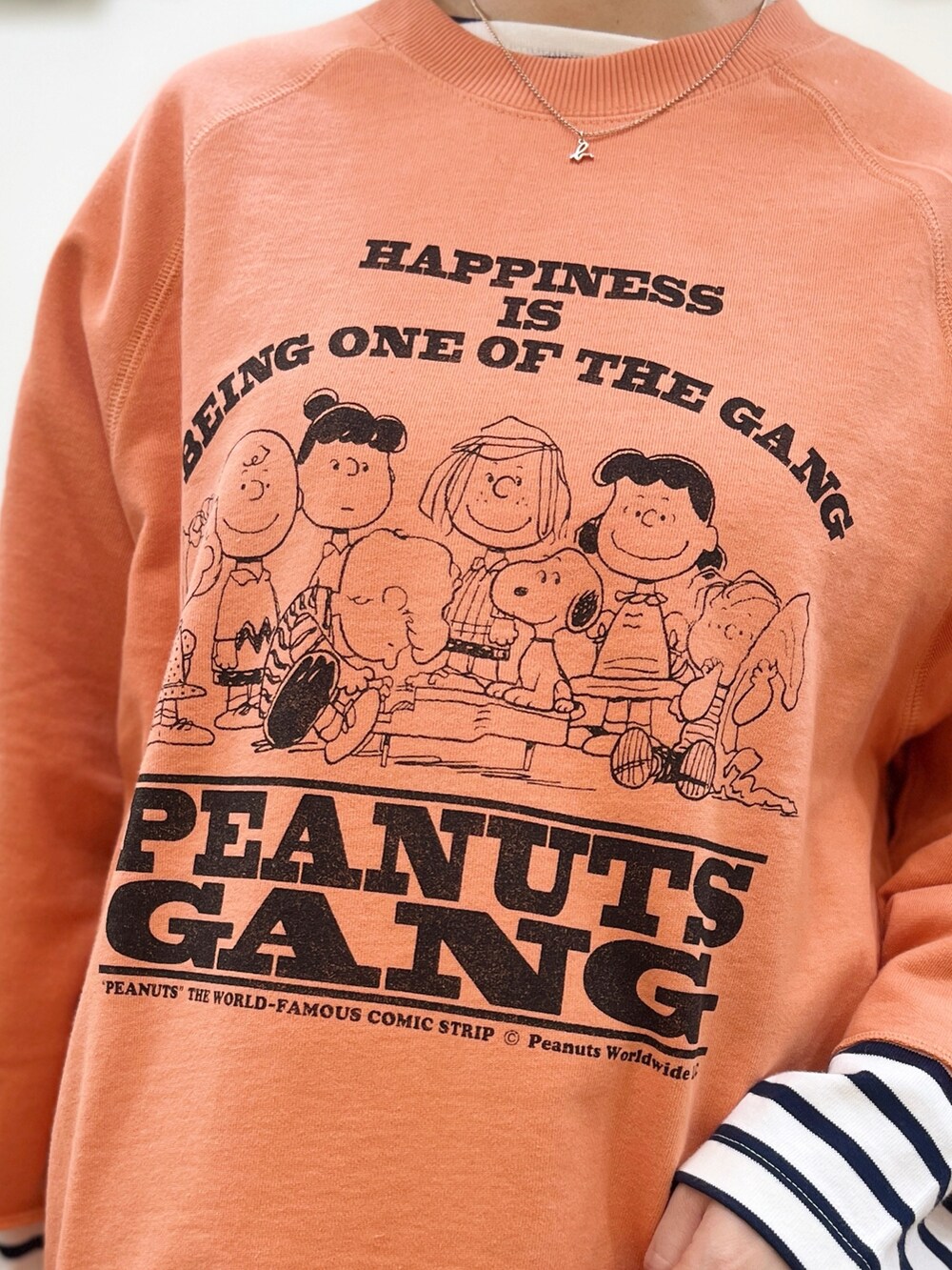 オレンジ系のTシャツ/カットソー、ブルー系のTシャツ/カットソー、ブルー系のデニムパンツを着用したレディースの冬コーディネートの3枚目の写真