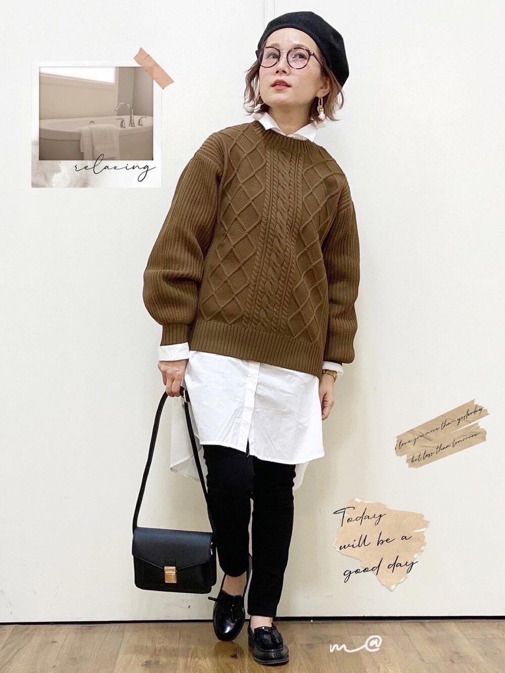 ブラウン系のニット/セーター、ホワイト系のTシャツ/カットソー、ブラック系のその他パンツを着用したレディースの秋コーディネートの3枚目の写真