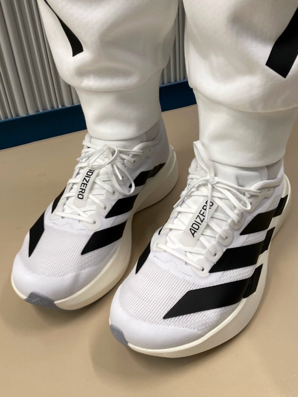 ホワイト系のシューズ、ホワイト系のパーカー、ホワイト系のスウェットパンツを着用したレディースの秋コーディネートの2枚目の写真