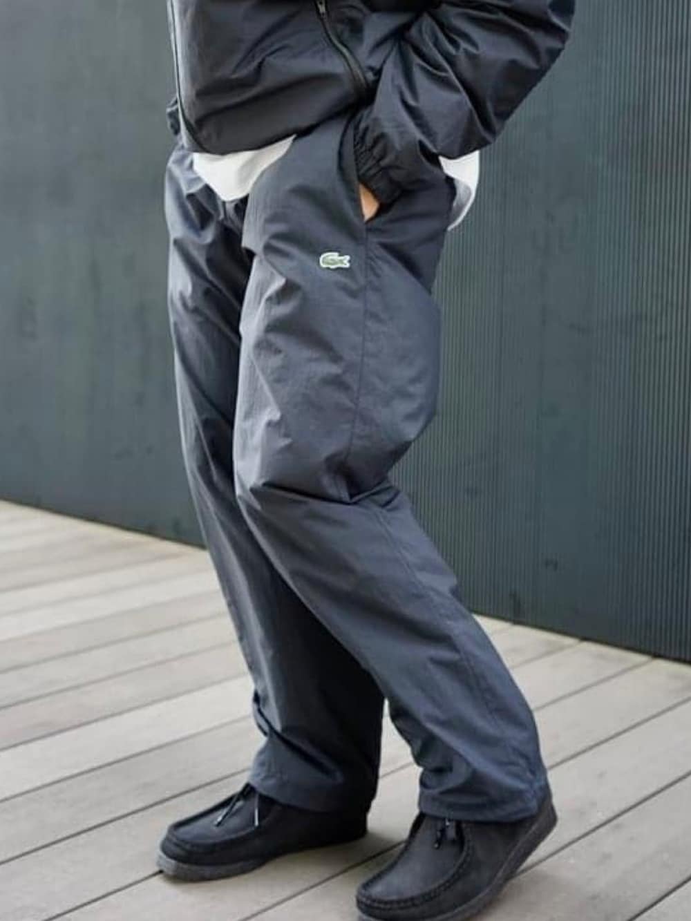 ホワイト系のTシャツ/カットソー、ブラック系のその他パンツ、ブラック系のナイロンジャケットを着用したメンズの秋コーディネートの4枚目の写真